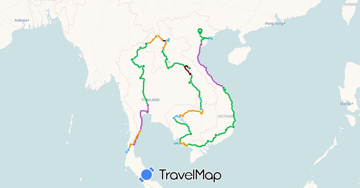TravelMap itinerary: driving, bus, train, boat, minibus, sorng-tăa-ou (taxi-camionnette) in Cambodia, Laos, Thailand, Vietnam (Asia)